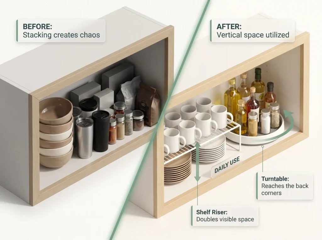 Infographic showing before and after upper kitchen cabinet organization with labeled shelf risers, turntables, and visibility zones