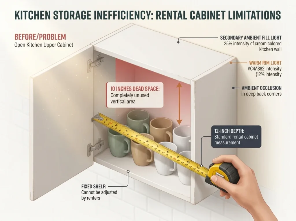 Infographic showing rental kitchen upper cabinet dead space with 12-inch depth measurement and unused vertical area