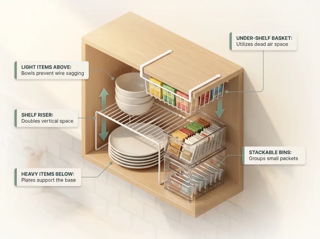 Infographic showing upper cabinet organization with shelf risers, under-shelf baskets, and stackable clear bins