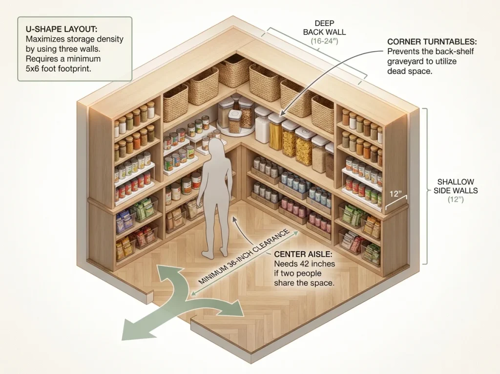 Infographic showing U-shape walk-in pantry layout with minimum aisle clearance, shelf depth zones, and scale markers