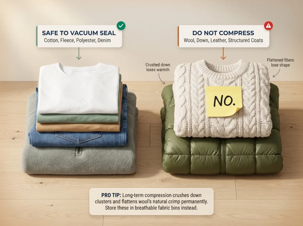 Infographic showing safe vs unsafe fabrics for vacuum storage bags with labeled cotton and wool piles