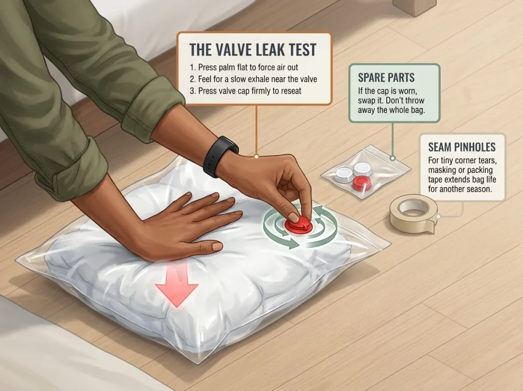 Infographic showing how to check a vacuum storage bag valve for air leaks with spare parts nearby