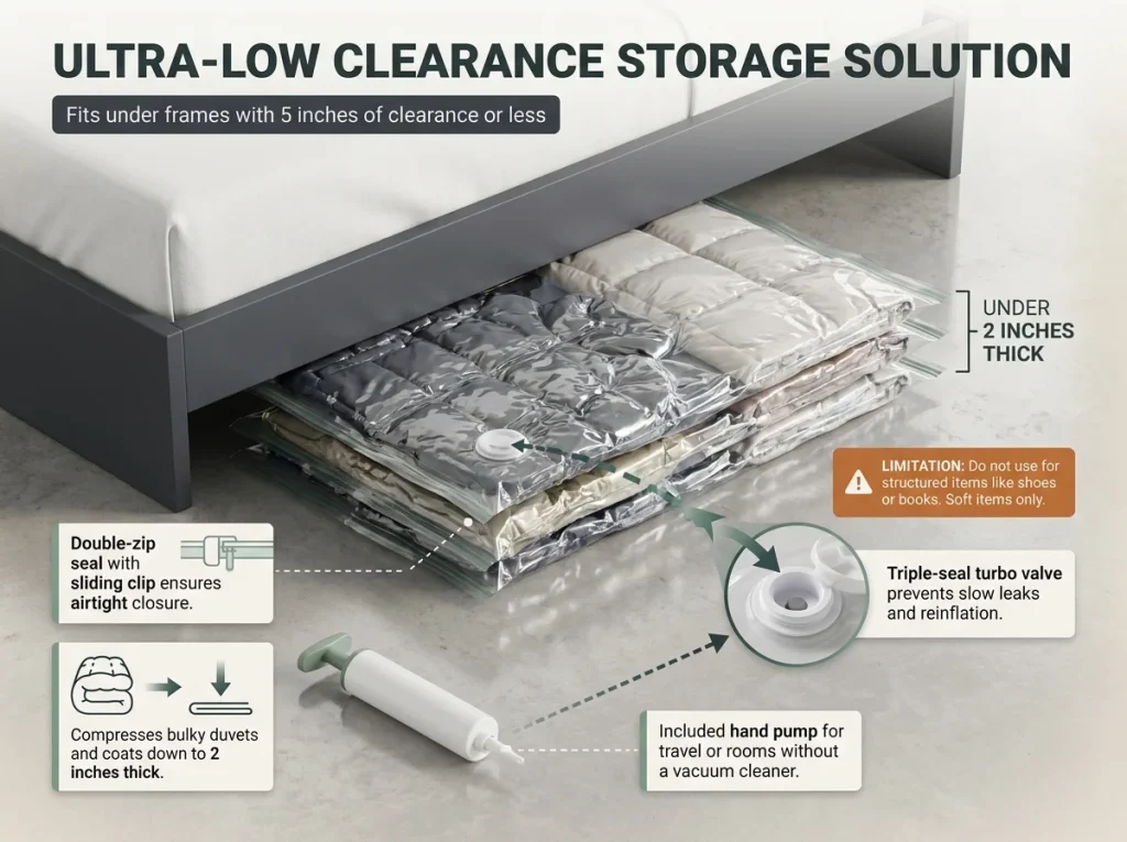 Infographic showing vacuum storage bags compressed under a low bed with labeled airtight valves, flat profiles, and manual pump