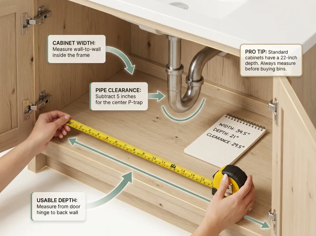 Infographic showing how to measure a vanity cabinet with labeled dimensions, tape measure, and P-trap clearance
