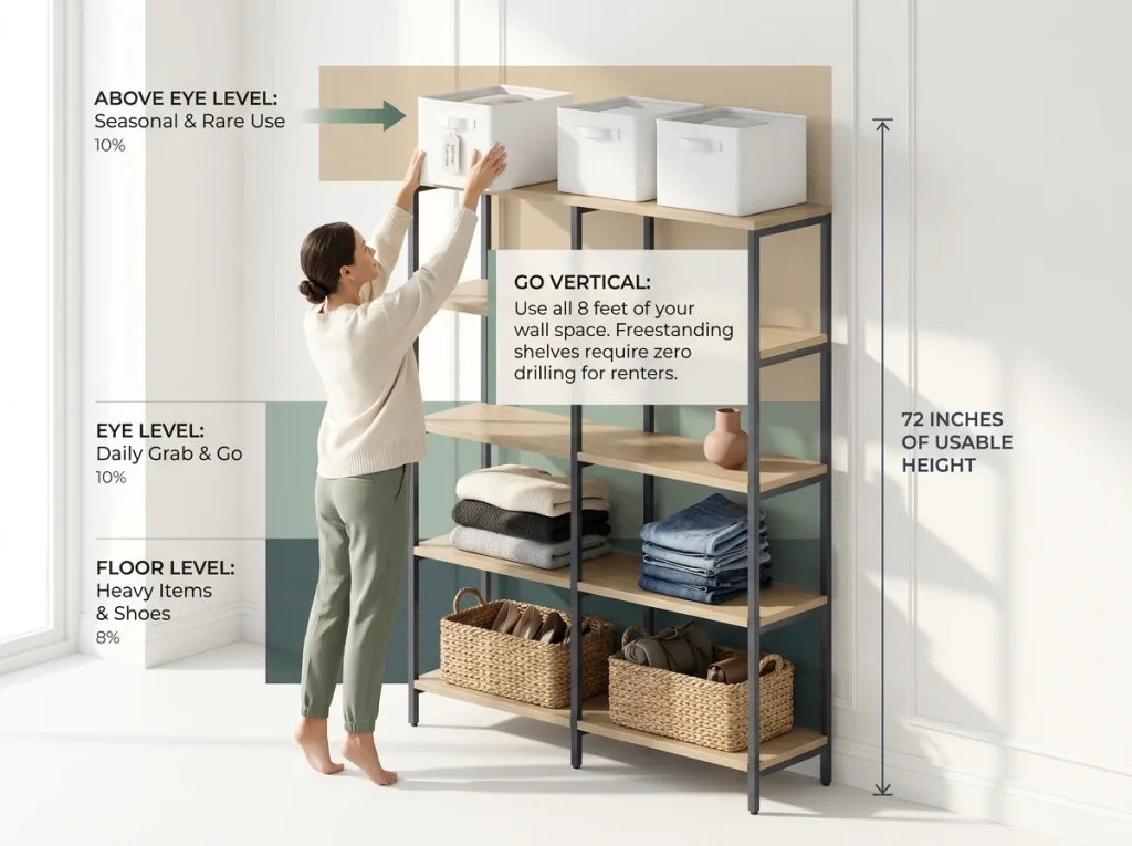 Infographic showing woman reaching for labeled bin on top shelf of tall freestanding vertical storage unit