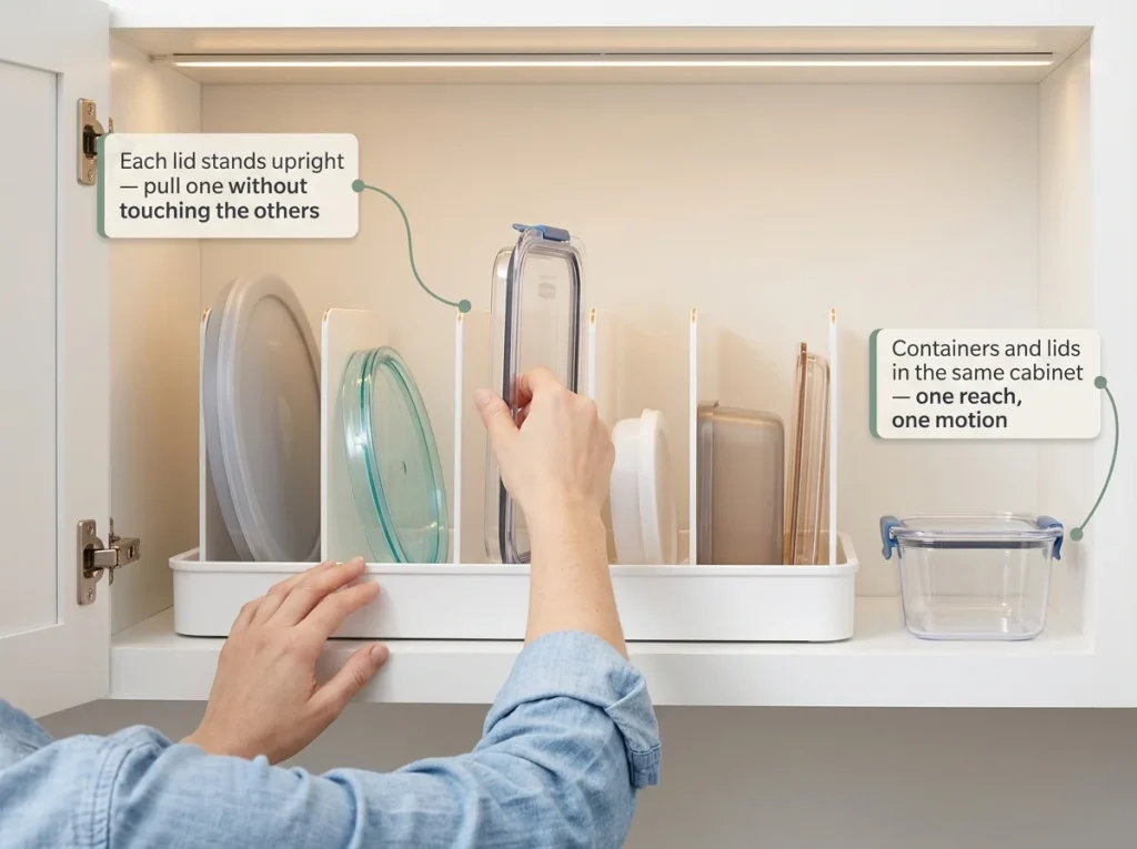 YouCopia StoraLid vertical lid organizer in white upper cabinet with lids upright in slots, hands adjusting placement