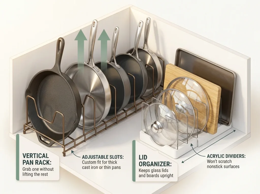 Infographic showing horizontal vs vertical pan storage using adjustable wire racks and lid dividers