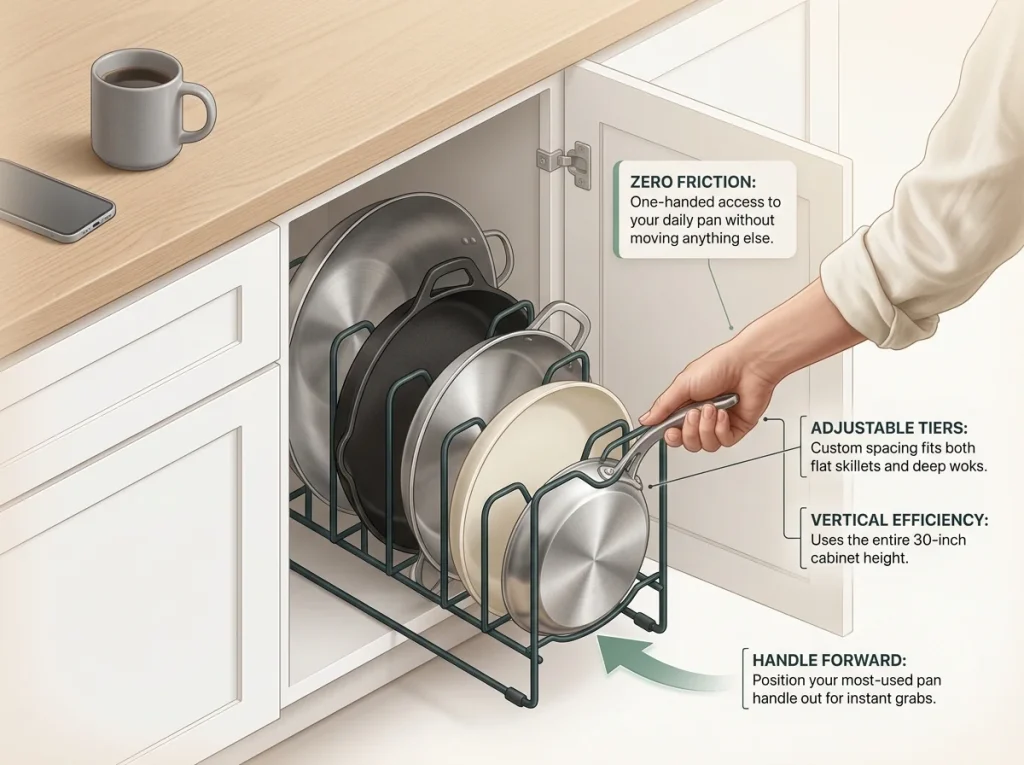 Infographic showing an organized kitchen cabinet with a vertical pan rack allowing easy one-handed access