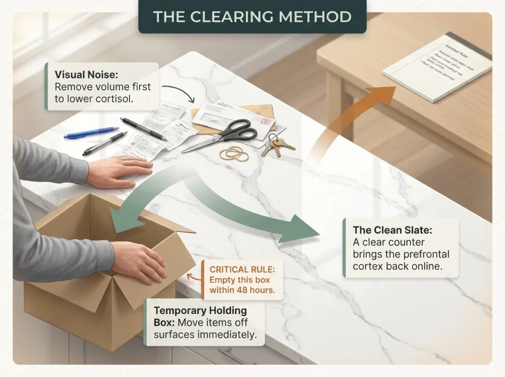 Infographic showing technique for clearing visual overwhelm with labeled temporary holding zones and sorting rules