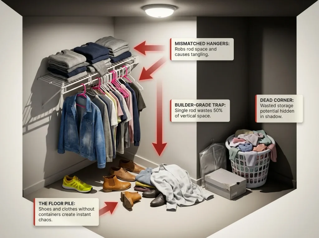How to Organize a Walk-In Closet by Zones 2 Infographic showing a disorganized walk-in closet with floor piles, wasted corner space, and incorrect fixed shelving