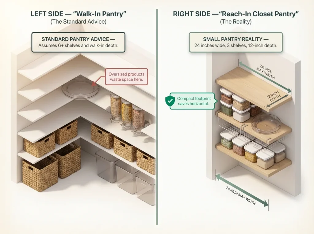 Infographic showing a split comparison of a spacious walk-in pantry versus a narrow 24-inch closet pantry with dimension labels