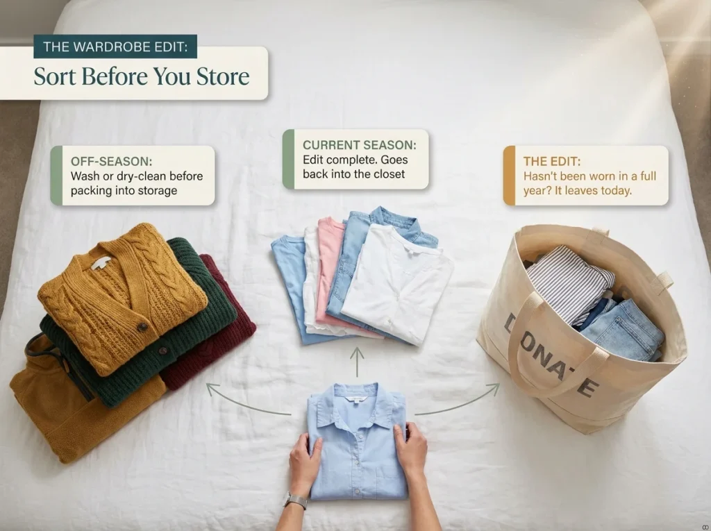 Infographic showing an overhead view of a bed with clothes sorted into off-season, current-season, and donate piles with descriptive labels.