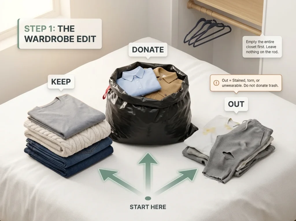 Infographic showing the 3-pile wardrobe edit method with Keep, Donate, and Out zones, and sorting instructions