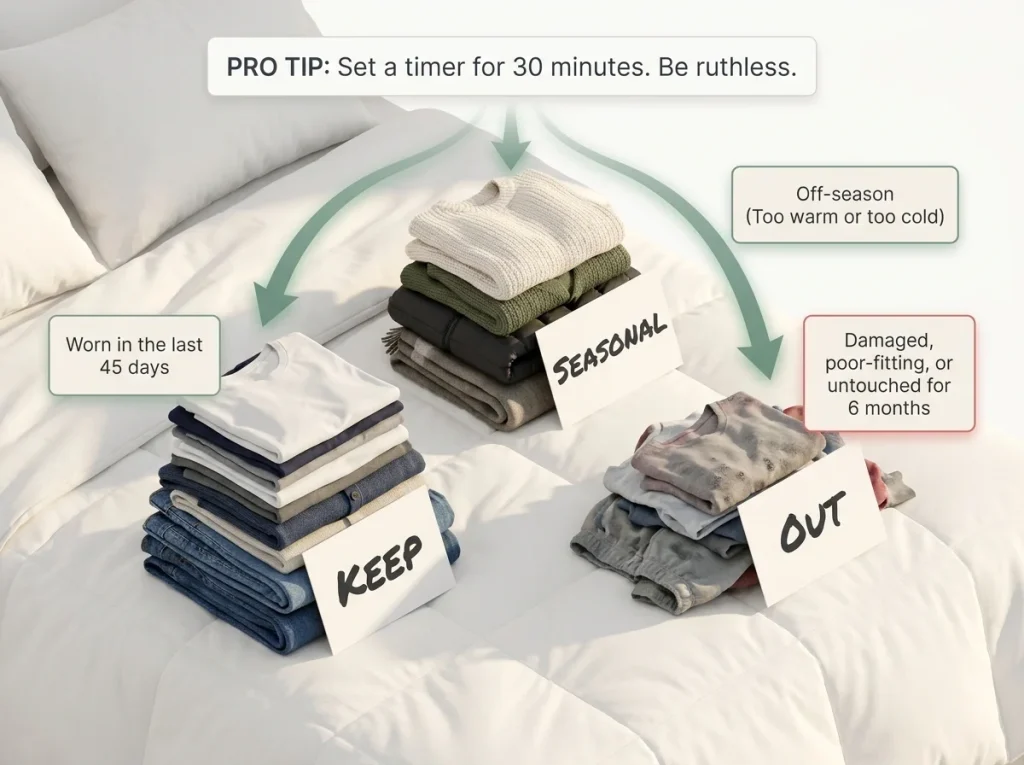Too Many Clothes? How to Organize a Closet That Stays Neat 4 Infographic showing a 30-minute wardrobe edit process with clothes sorted into Keep, Seasonal, and Out piles on a bed.