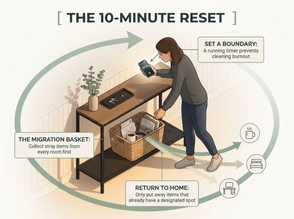 Infographic showing woman in apartment entryway doing a 10-minute weekly reset with a timer and collection basket