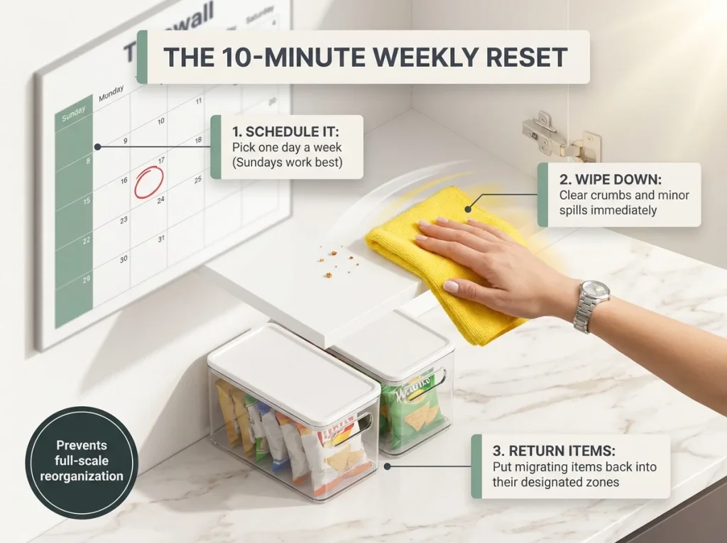 Infographic showing a 10-minute Sunday cabinet reset routine with wiping shelves and returning items to zones