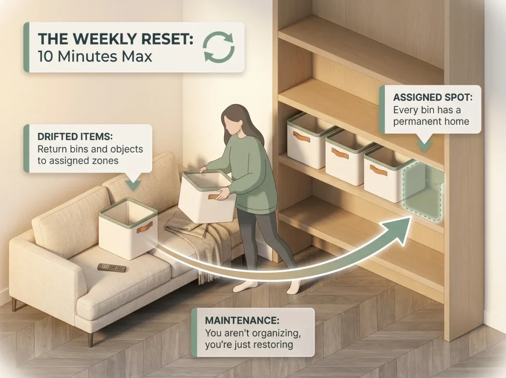 Infographic showing the 10-minute weekly reset routine returning drifted items to assigned living room zones