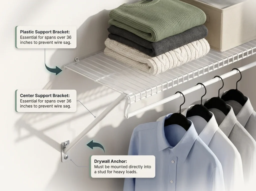Infographic showing a close-up of a properly installed wall-mounted wire closet shelf with center support bracket and shelf liner
