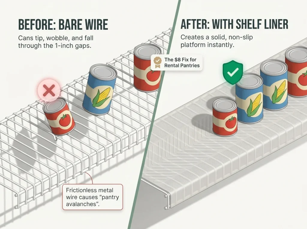 Infographic comparing bare wire pantry shelving causing wobbling cans to a stable shelf covered with non-slip liner