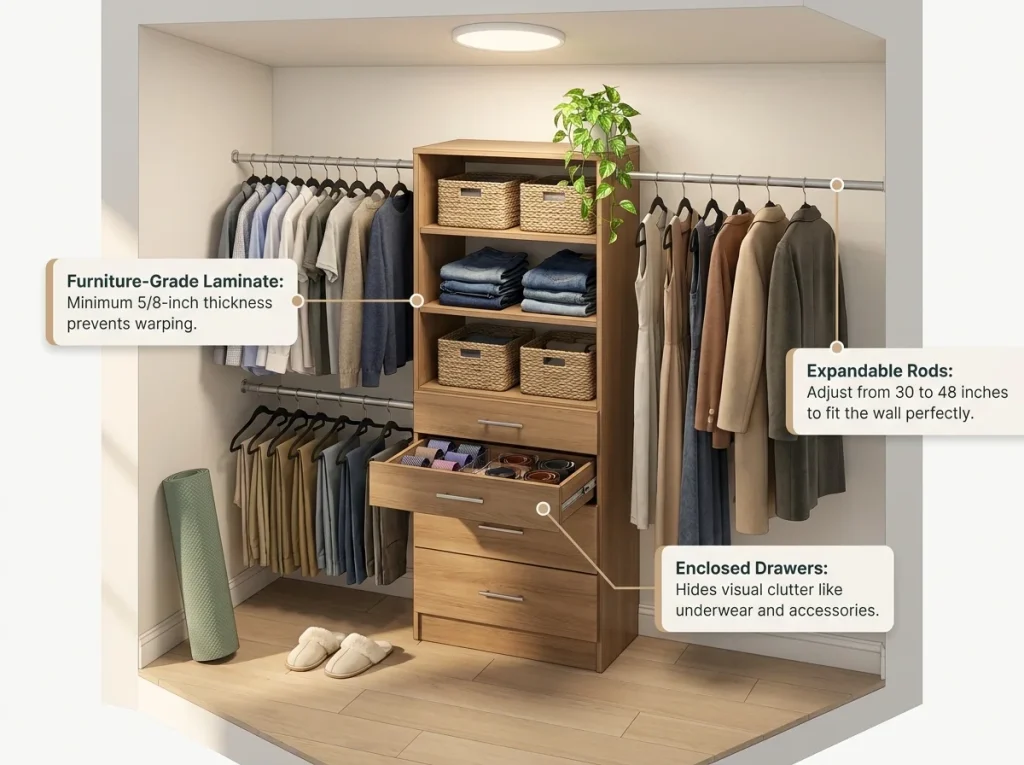 Infographic showing a walk-in closet with a wood-laminate tower, drawers, hanging rods, and lived-in lifestyle touches