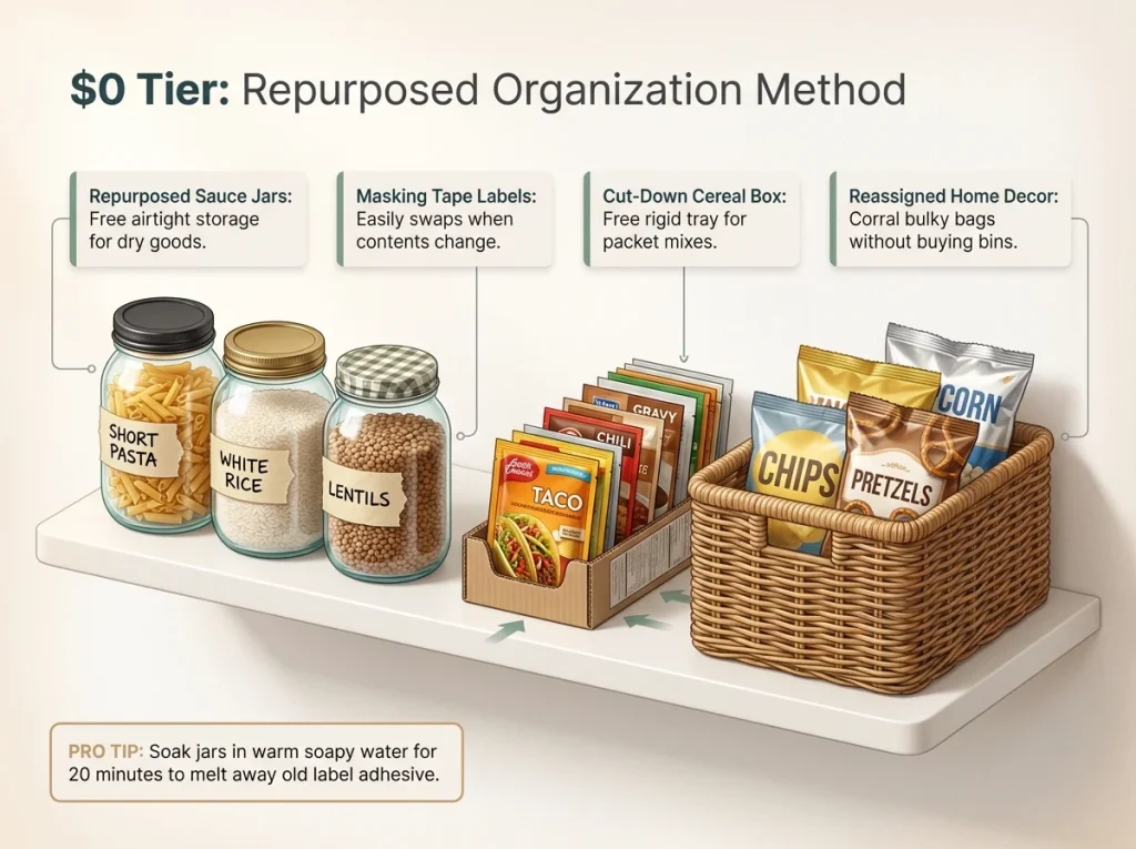 Infographic showing a $0 budget pantry shelf using repurposed glass jars, cut-down cereal boxes, and spare baskets