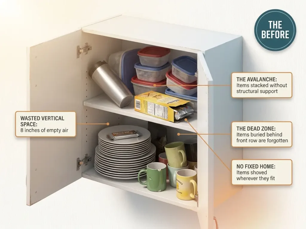 Infographic showing a messy upper kitchen cabinet with improperly stacked items, wasted vertical space, and buried containers