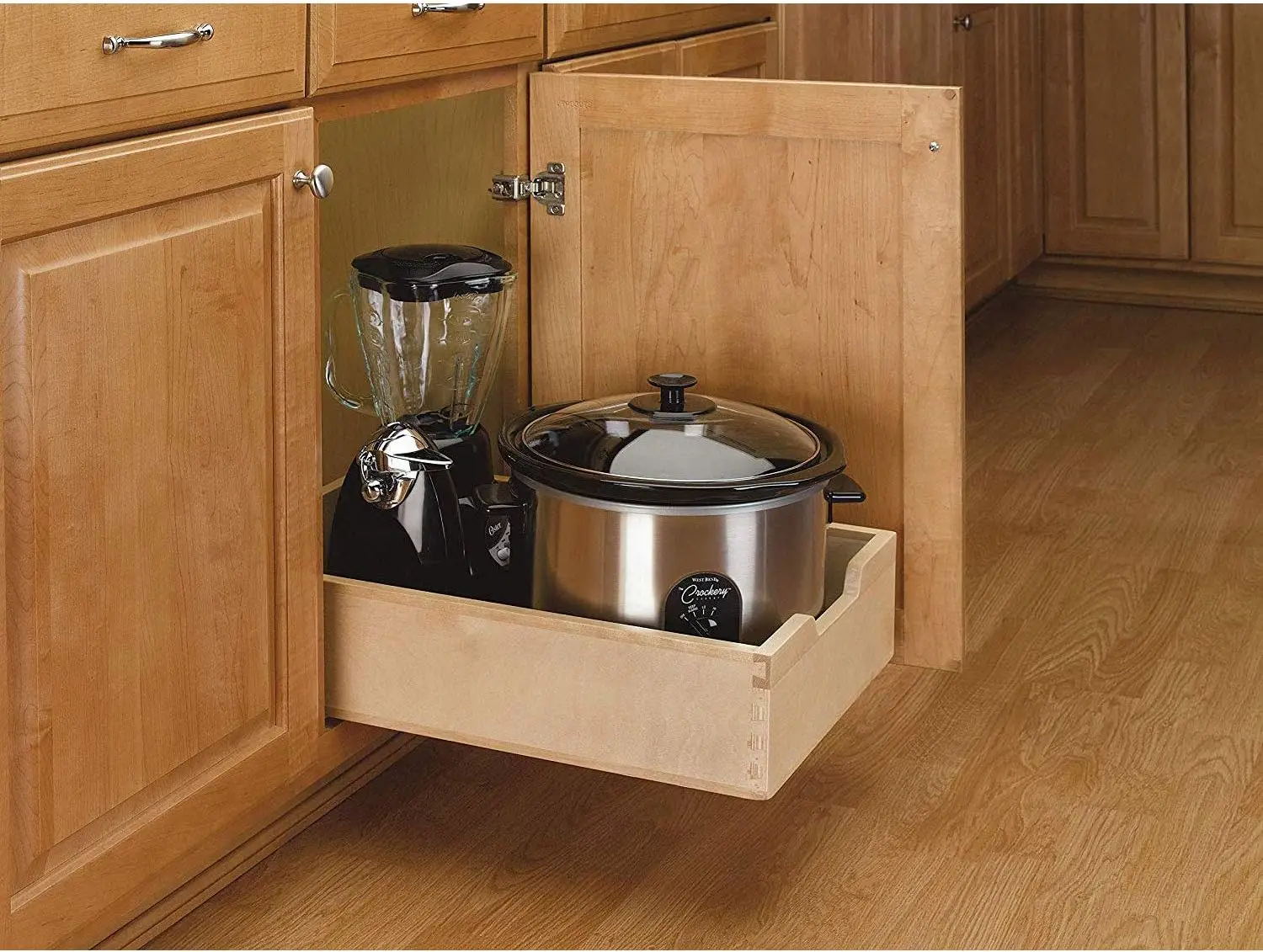 Rev-A-Shelf 4WDB series single-tier pull-out wood shelf with chrome rails