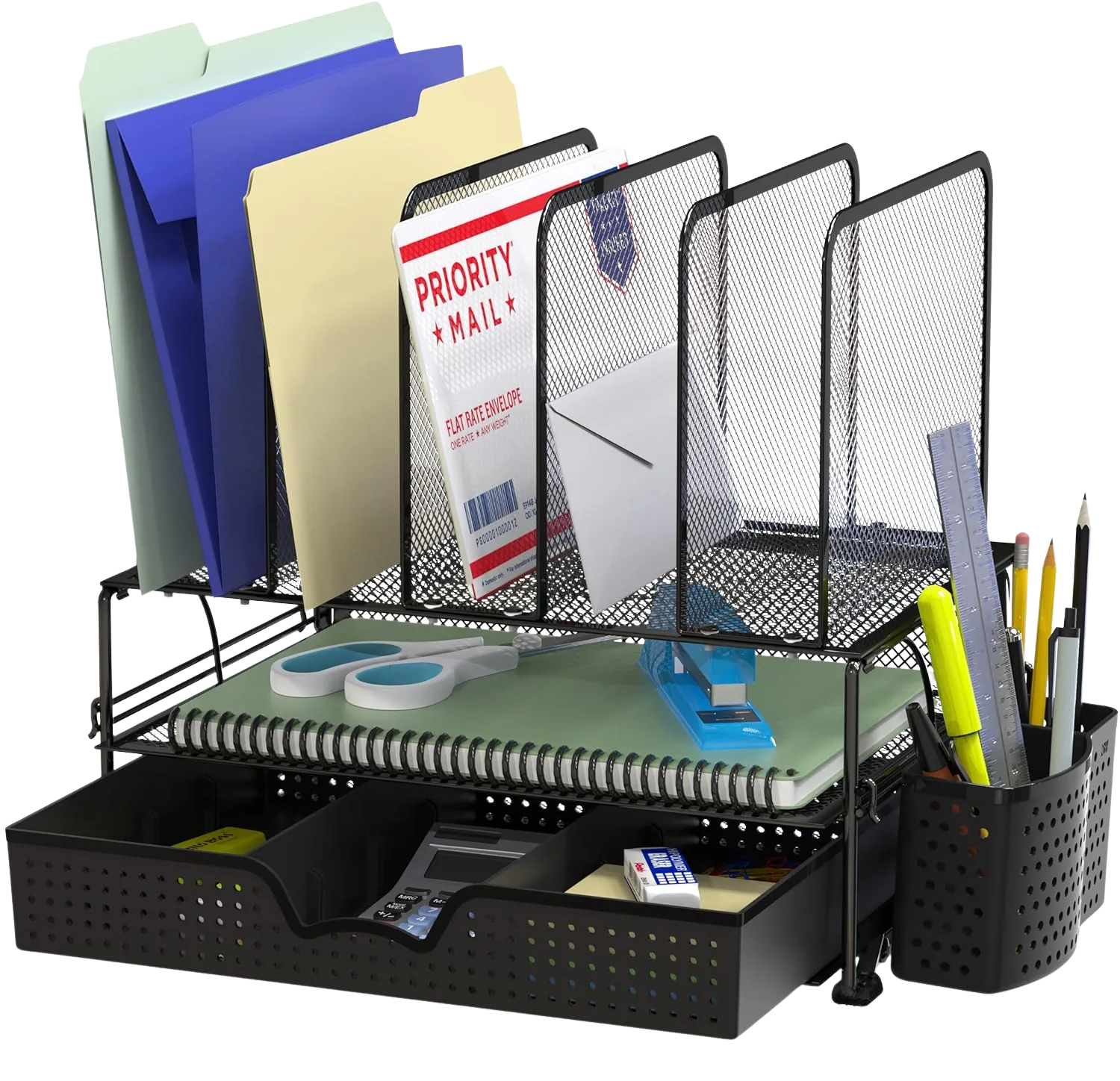 SimpleHouseware Mesh Desk Organizer with Sliding Drawer, Double Tray, and 5 Upright Sections
