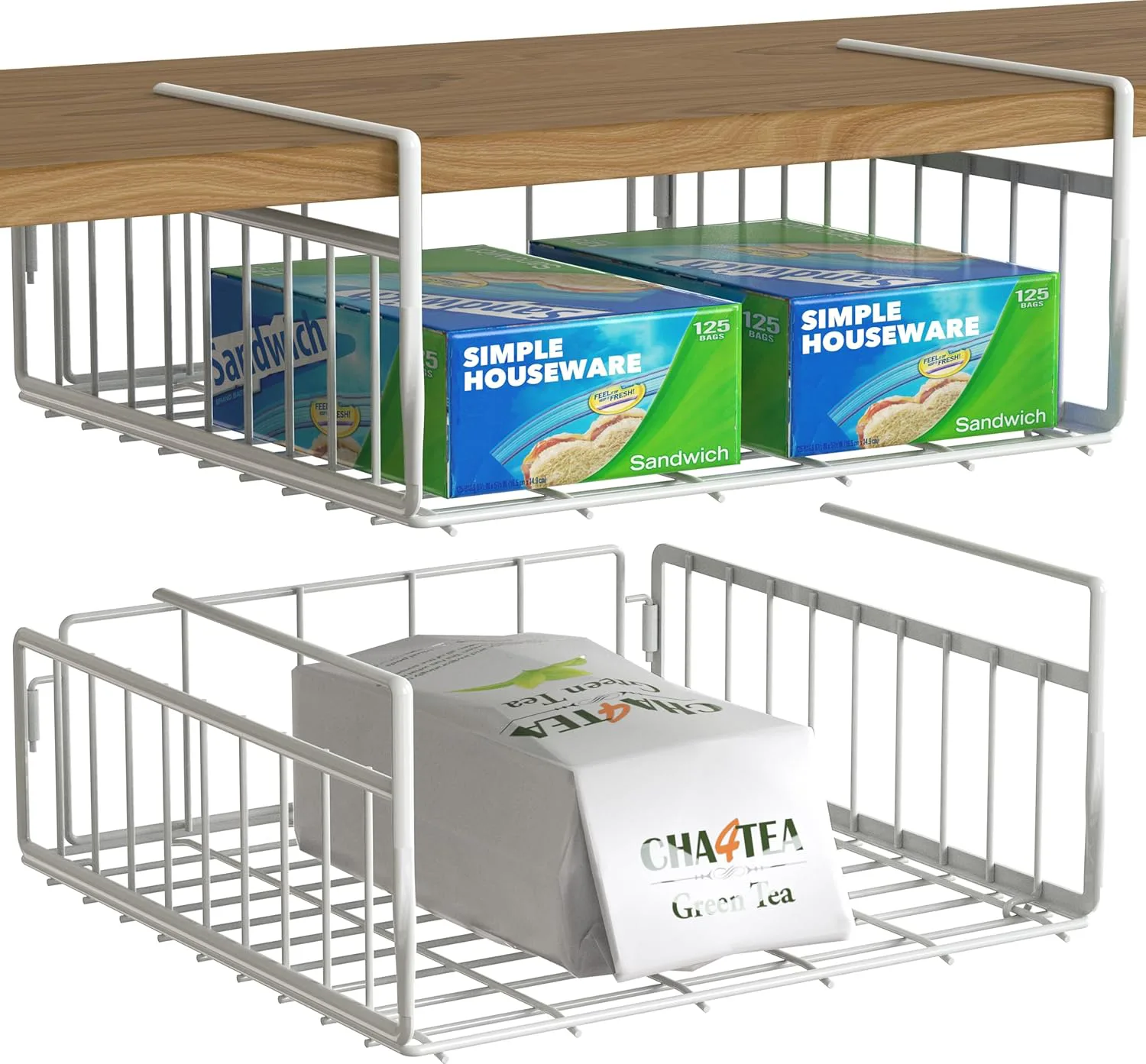 Under-shelf wire basket sliding white for kitchen cabinet