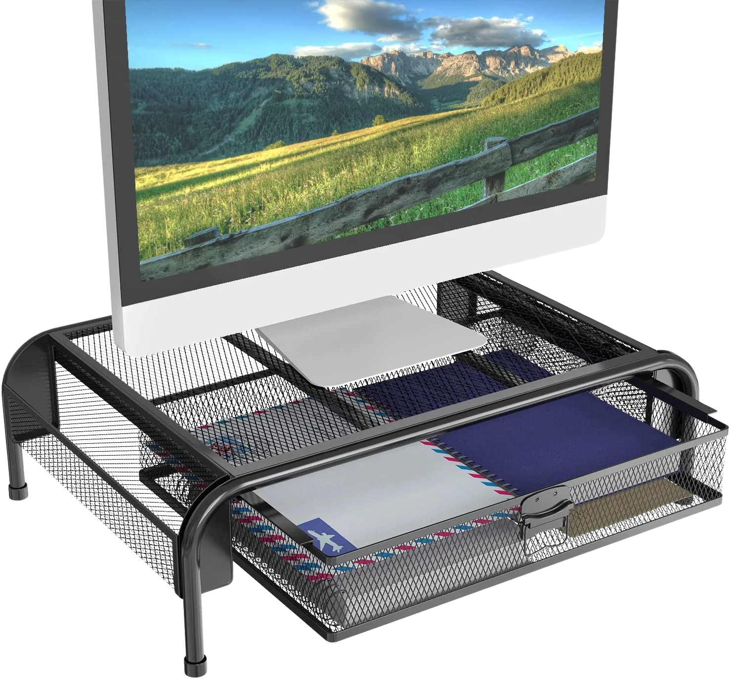 WALI STT005-B Metal Mesh Monitor Riser with Drawer and Side Pockets