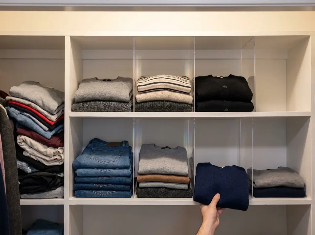 Why Budget Closet Makeovers Always Revert 6 HBlife acrylic shelf dividers separating folded sweater stacks on a closet shelf