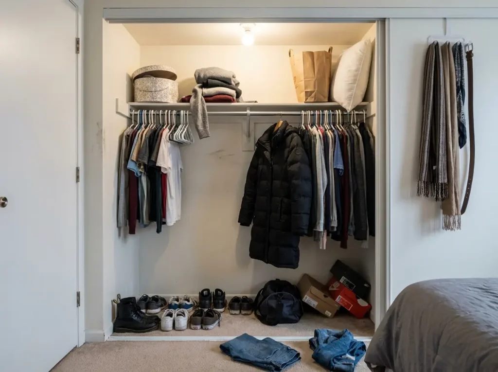 Overcrowded apartment reach-in closet one rod one shelf chaotic before state bulky plastic hangers