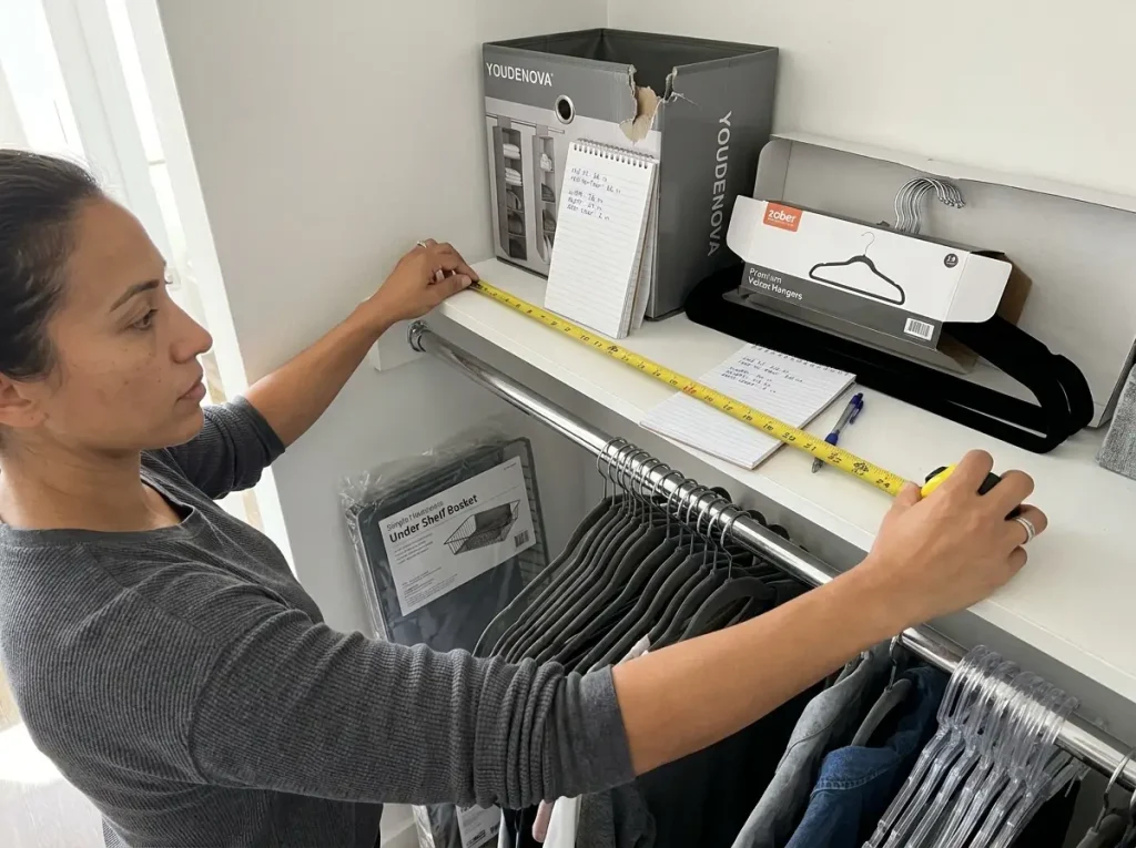 Hands measuring apartment closet depth with tape measure planning organizer system YOUDENOVA Zober products