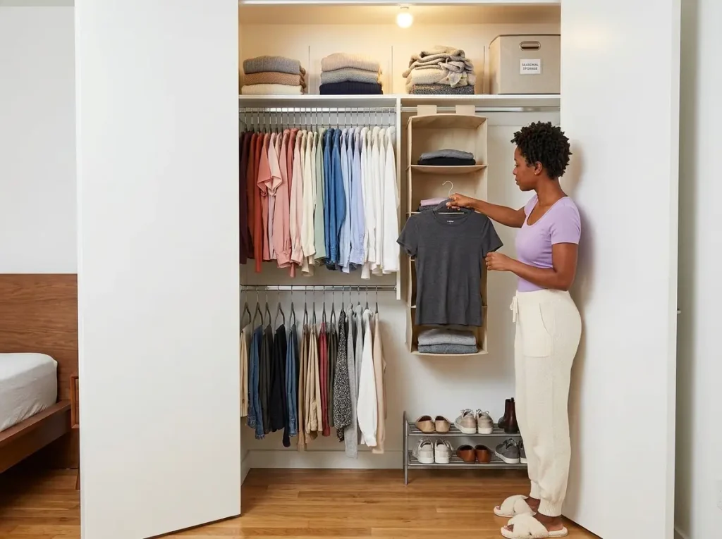 organized reach-in apartment closet with velvet hangers double rod and HBlife shelf dividers