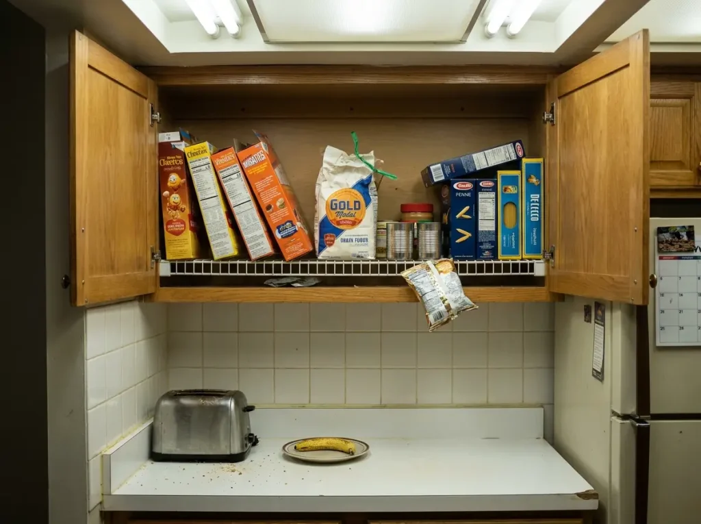 Cluttered apartment kitchen cabinet with mismatched food containers and no organization