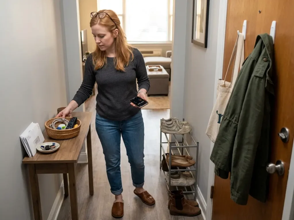 woman holding phone timer doing weekly 10-minute apartment reset in entryway putting items in basket