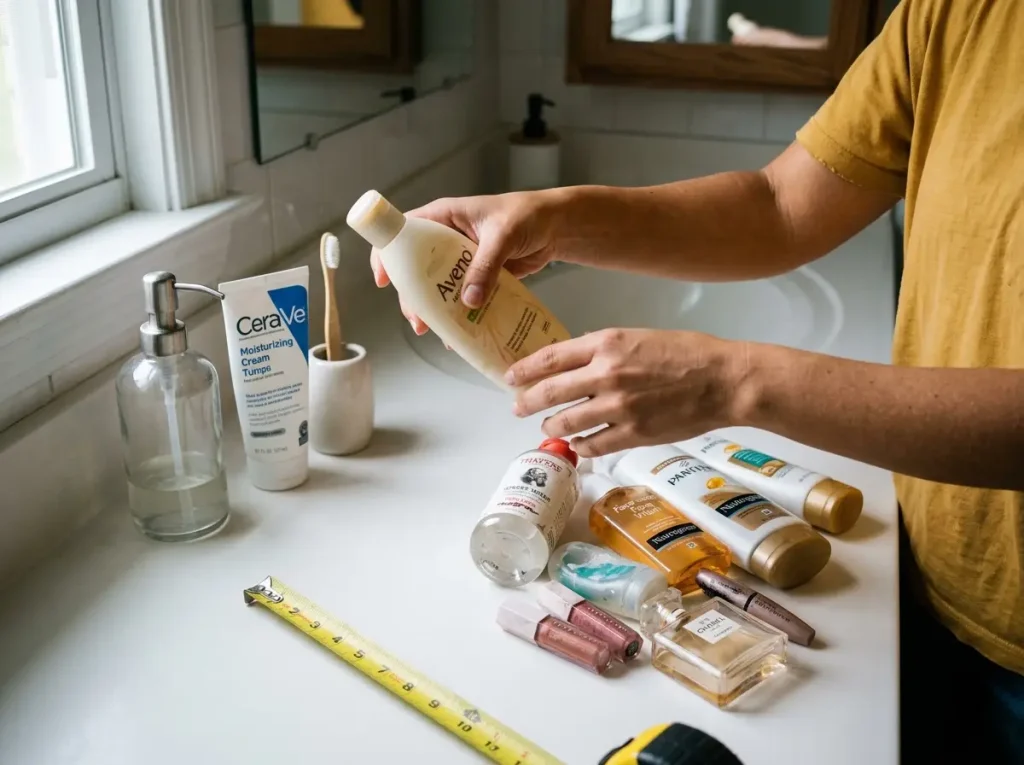 Hand sorting bathroom counter items into keep and remove piles during a counter audit