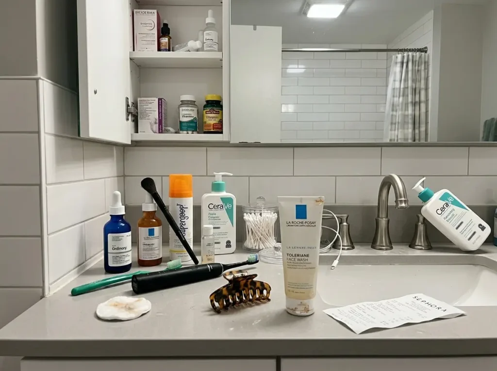 Cluttered bathroom counter with 15 items crammed onto a narrow single-sink vanity before organizing