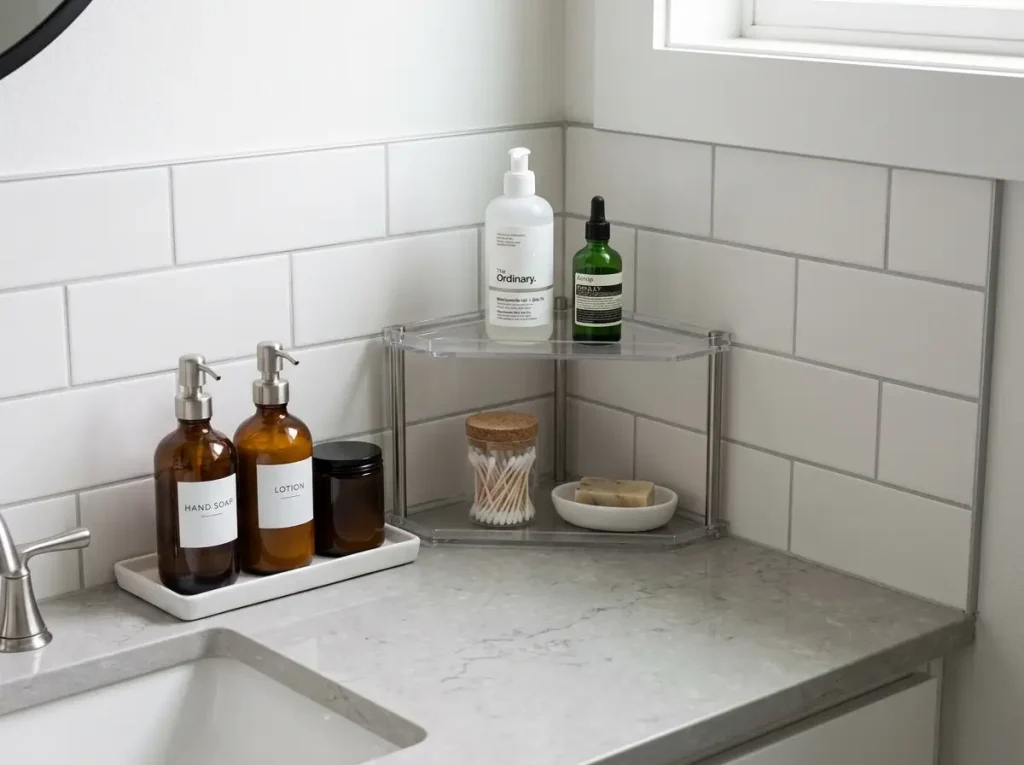 2-tier corner shelf organizer on bathroom counter with tall bottles on top tier and short items below