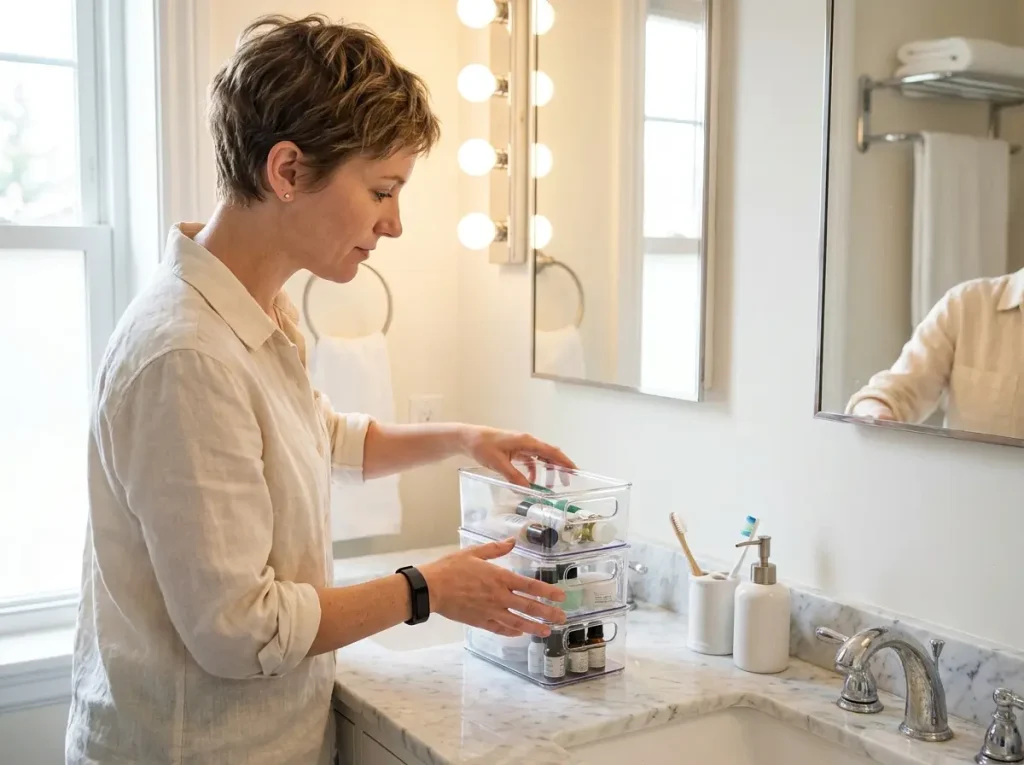 Woman organizing bathroom vanity counter with stackable bins and minimal items