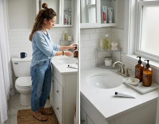 How to Organize Your Bathroom Counter That Stays Neat Organized bathroom counter with white tray, glass dispensers and corner shelf on a small vanity