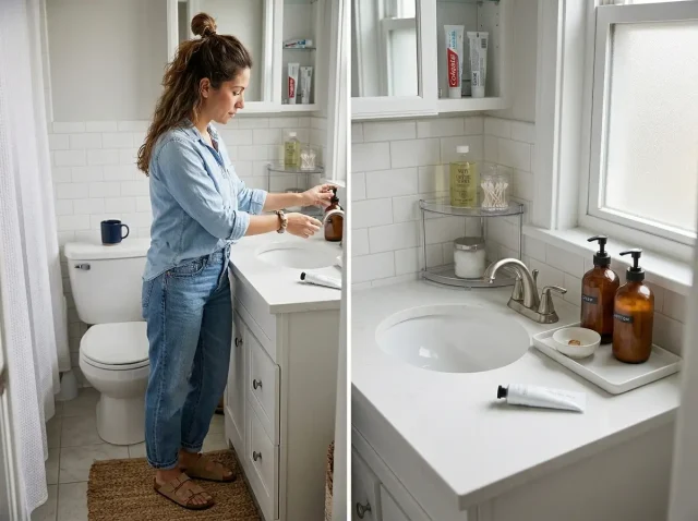 Organized bathroom counter with white tray, glass dispensers and corner shelf on a small vanity