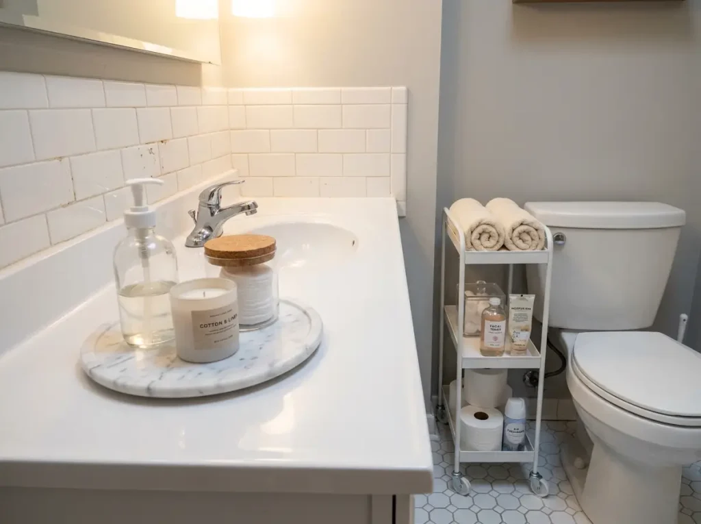 Small apartment bathroom counter with single tray organization and slim rolling cart beside toilet