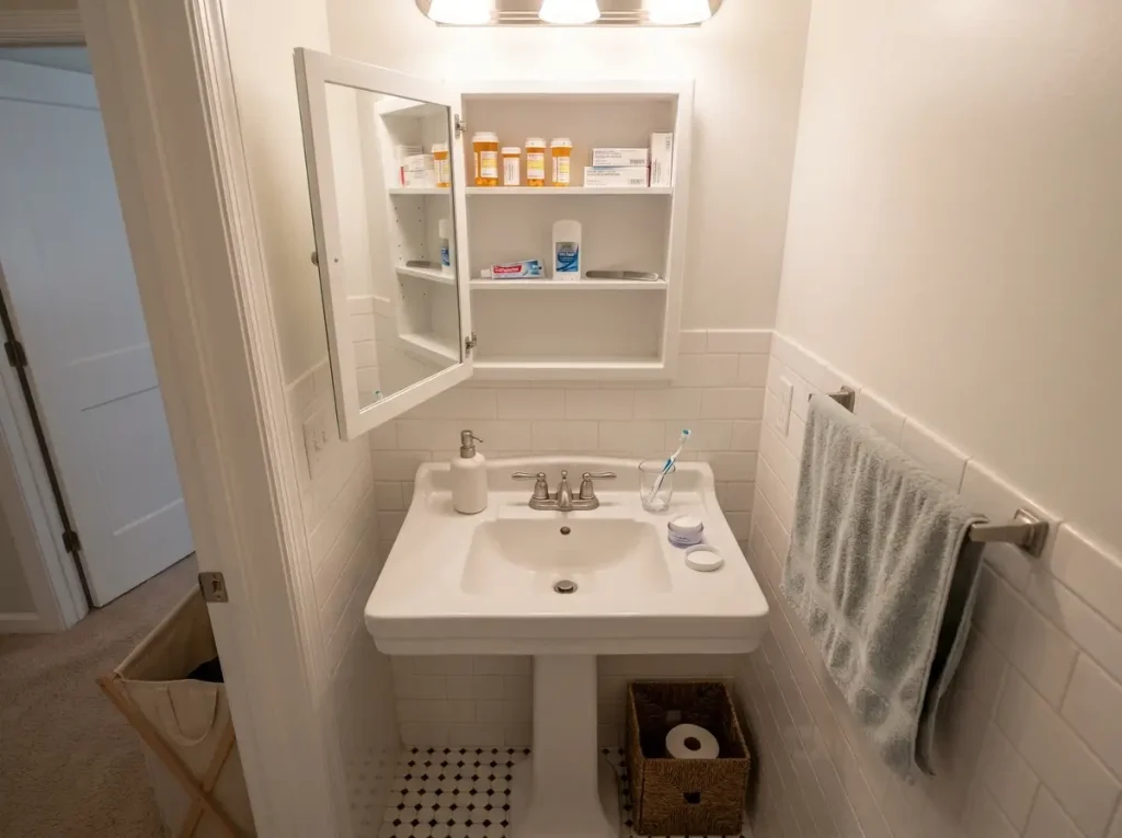 Clean bathroom counter with minimal essentials after decluttering, over-cabinet open with organized interior