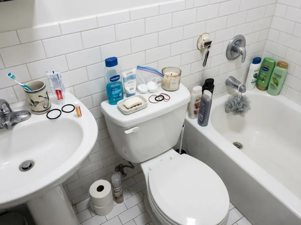 Cluttered bathroom with toiletries piled on toilet tank top and tub rim — the cascade effect in a cabinet-free bathroom