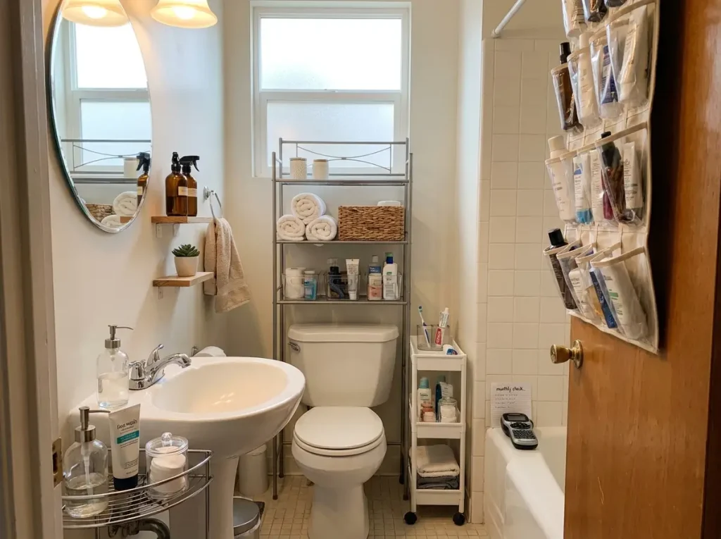 Organized no-cabinet bathroom overview from doorway showing all storage zones working together — over-toilet shelf, slim cart, wall shelves