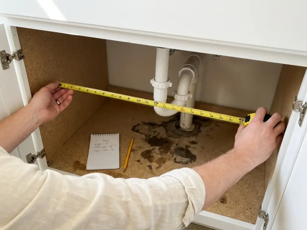Hand measuring inside bathroom vanity cabinet beside P-trap pipe with yellow tape measure