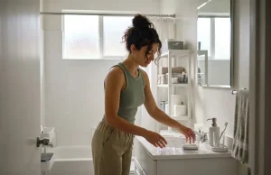 Bathroom Storage Ideas for Small Spaces That Actually Last Bathroom storage ideas for small spaces — woman organizing bathroom counter with clear bins and a tray system