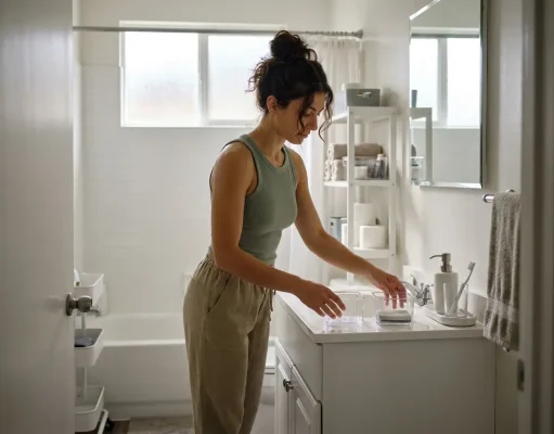 Bathroom Storage Ideas for Small Spaces That Actually Last Bathroom storage ideas for small spaces — woman organizing bathroom counter with clear bins and a tray system