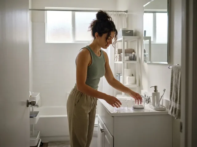Bathroom storage ideas for small spaces — woman organizing bathroom counter with clear bins and a tray system